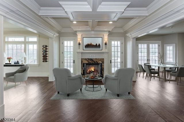 living area with a premium fireplace, dark hardwood / wood-style floors, plenty of natural light, and crown molding