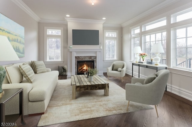 living room with dark hardwood / wood-style floors, crown molding, and a high end fireplace