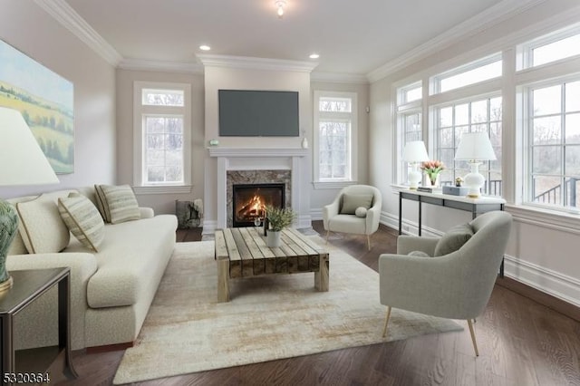 4 Hall Rd, Chester Twp, NJ 07930 - living room with wood finished floors, baseboards, a premium fireplace, crown molding, and recessed lighting