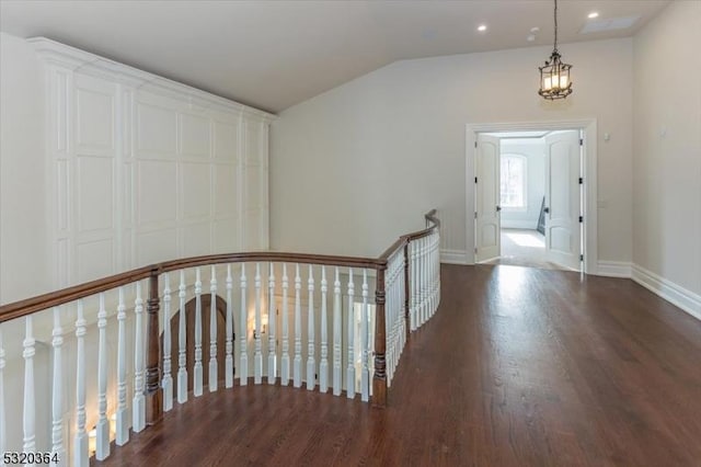 4 Hall Rd, Chester Twp, NJ 07930 - hall with an upstairs landing, wood finished floors, lofted ceiling, baseboards, and a chandelier