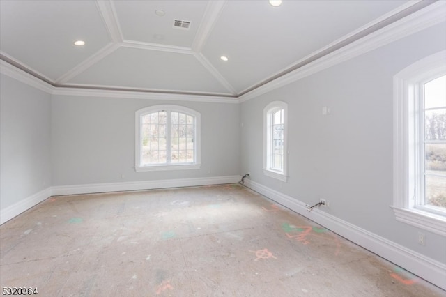 unfurnished room with ornamental molding and vaulted ceiling