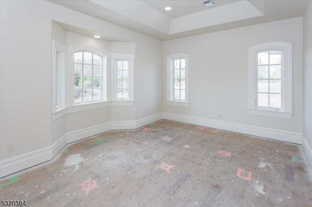 empty room with plenty of natural light and a raised ceiling