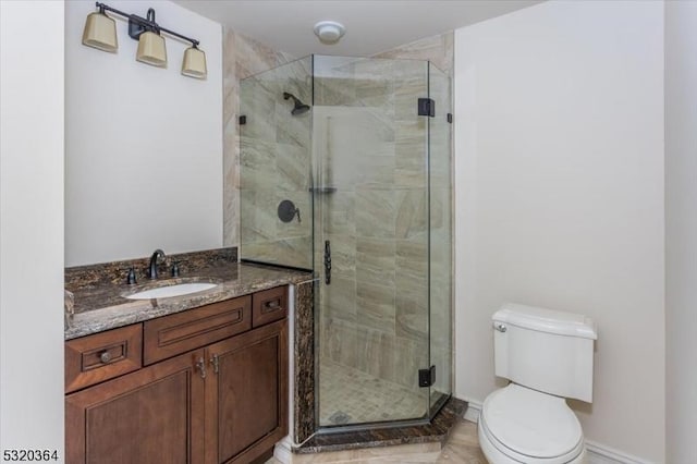 4 Hall Rd, Chester Twp, NJ 07930 - bathroom with toilet, vanity, a shower stall, and baseboards