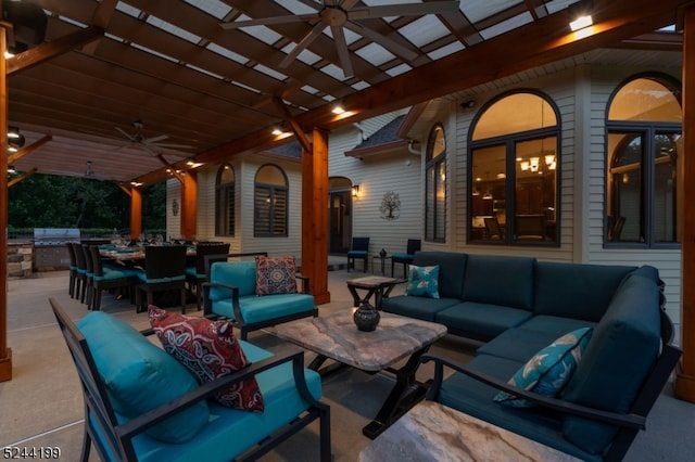 view of patio with an outdoor living space, grilling area, and ceiling fan