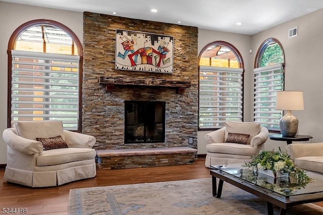 living room with a stone fireplace, wood-type flooring, and a wealth of natural light