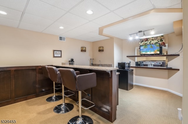 bar with dark brown cabinetry, light colored carpet, rail lighting, and a drop ceiling