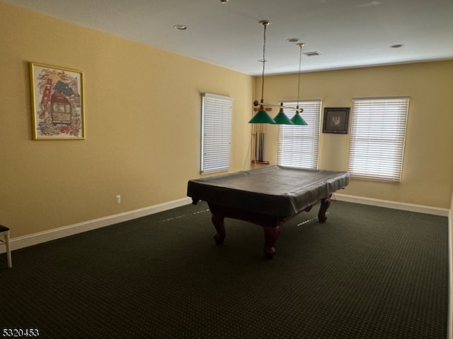 recreation room with dark colored carpet and billiards