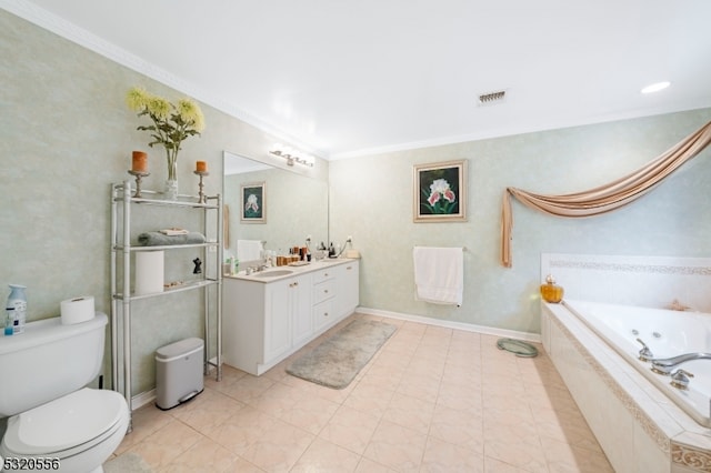 bathroom featuring toilet, ornamental molding, vanity, and tiled bath