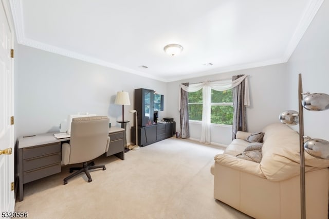 home office with light carpet and crown molding