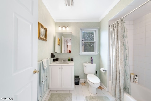 full bathroom with toilet, vanity, crown molding, shower / bathtub combination with curtain, and tile patterned flooring