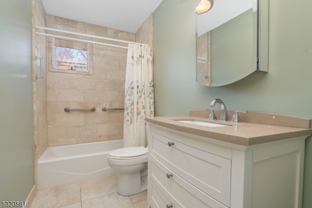 full bathroom with tile patterned flooring, vanity, toilet, and shower / tub combo with curtain