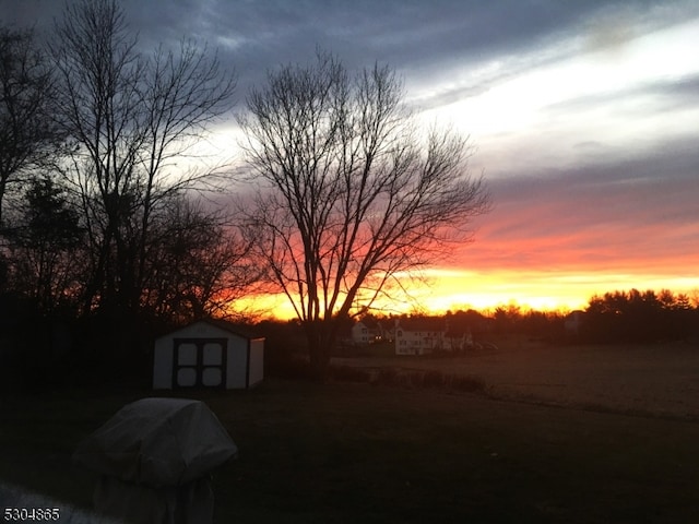 yard at dusk with a storage unit