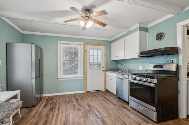 kitchen with exhaust hood, white cabinetry, dark hardwood / wood-style floors, beamed ceiling, and stainless steel appliances