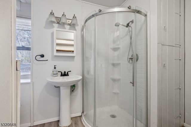 bathroom featuring hardwood / wood-style flooring, sink, and an enclosed shower