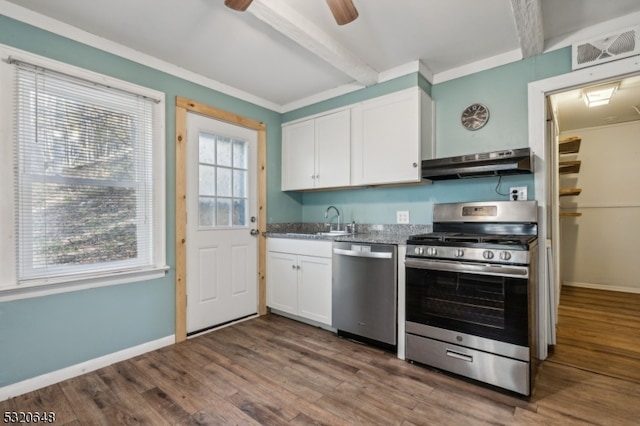 kitchen with extractor fan, appliances with stainless steel finishes, a wealth of natural light, and white cabinets