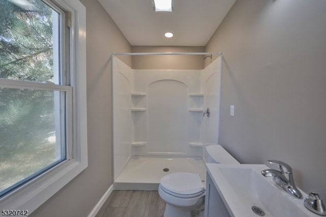 bathroom with toilet, a healthy amount of sunlight, vanity, and a shower