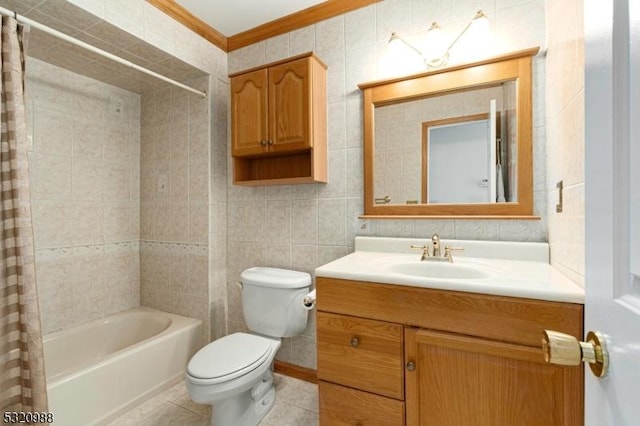 full bathroom with tile walls, ornamental molding, vanity, shower / bathtub combination with curtain, and tile patterned floors