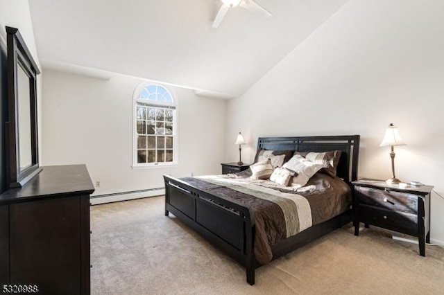 bedroom featuring a baseboard radiator, high vaulted ceiling, light carpet, and ceiling fan