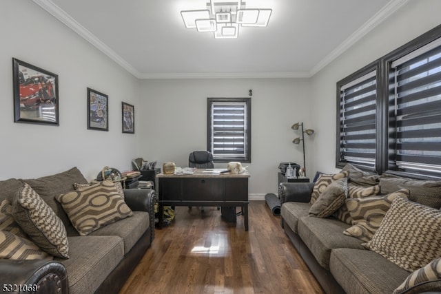 living room featuring ornamental molding and dark hardwood / wood-style flooring