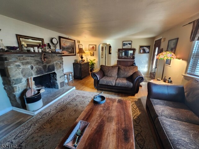 living room featuring a stone fireplace and hardwood / wood-style flooring