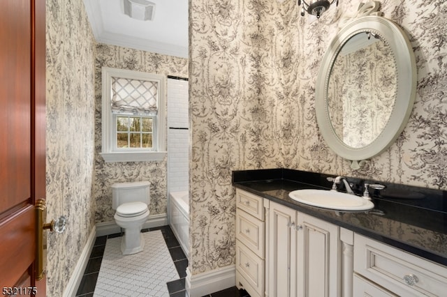 full bathroom featuring vanity, crown molding, tile patterned flooring, toilet, and shower / bathtub combination