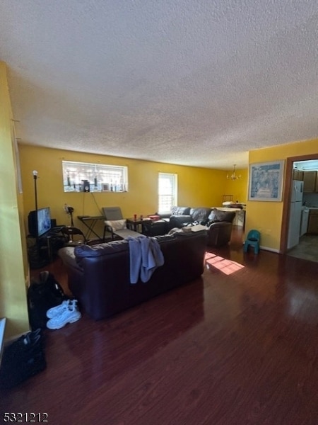 living room featuring a textured ceiling and hardwood / wood-style flooring