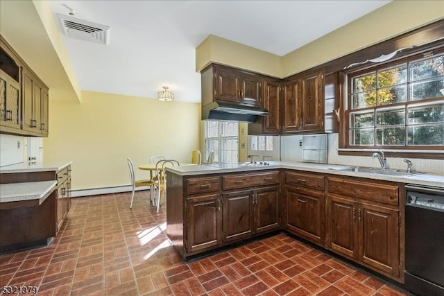 kitchen featuring a baseboard heating unit, kitchen peninsula, sink, black dishwasher, and white gas stovetop