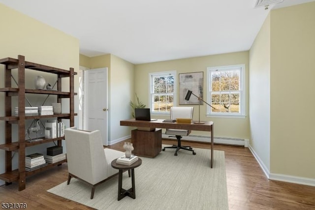 office featuring a baseboard heating unit and hardwood / wood-style floors