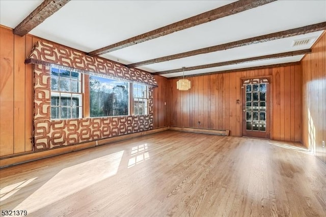 spare room featuring beam ceiling, light wood-type flooring, and wood walls