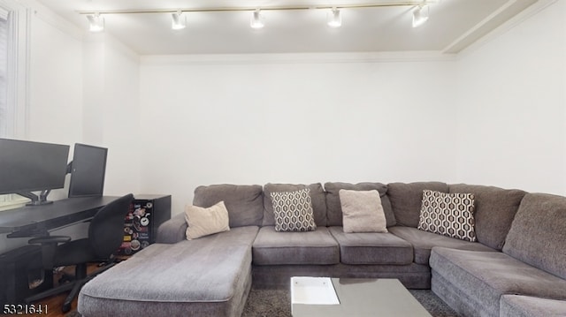 living room featuring track lighting and ornamental molding