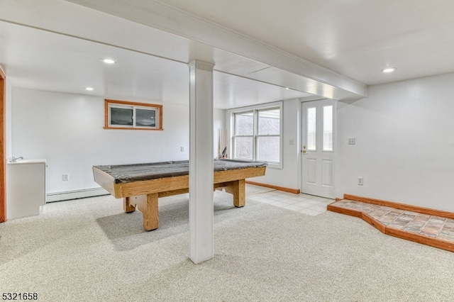 game room with baseboard heating, pool table, and light carpet