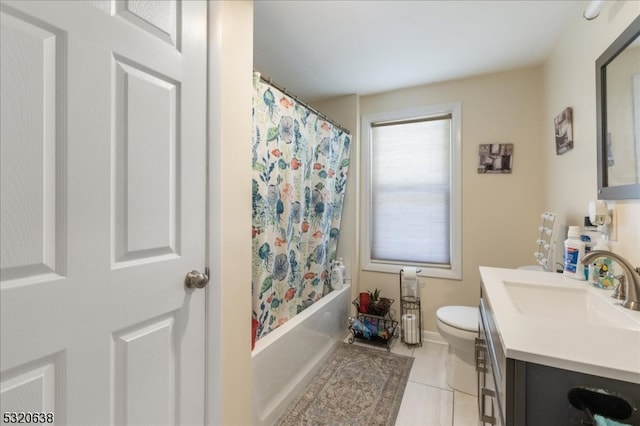 full bathroom with vanity, shower / tub combo, toilet, and tile patterned flooring