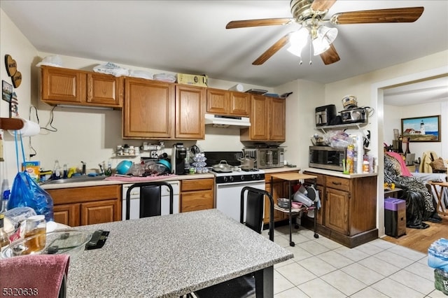 kitchen featuring light hardwood / wood-style flooring, ceiling fan, sink, and white appliances