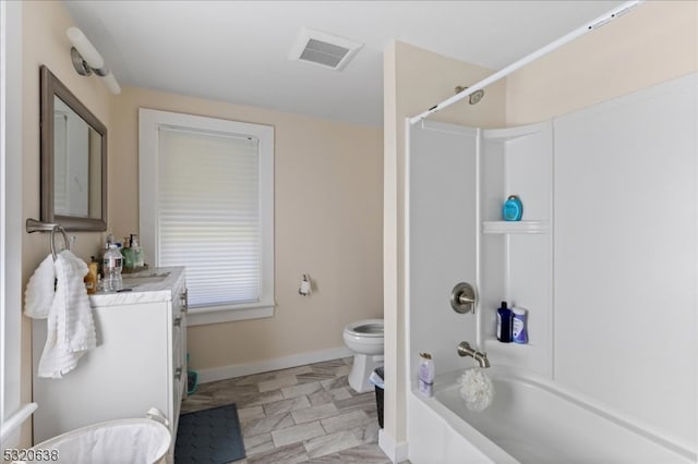 full bathroom featuring vanity, toilet, and bathing tub / shower combination