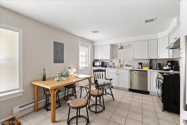 kitchen with range with electric cooktop, sink, stainless steel dishwasher, electric panel, and white cabinets