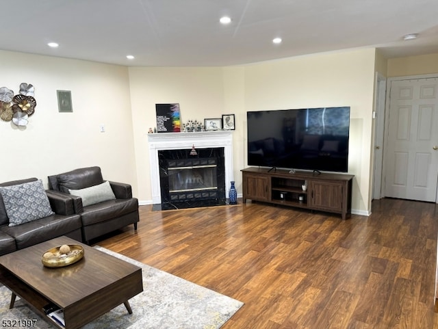 living room featuring dark wood-type flooring