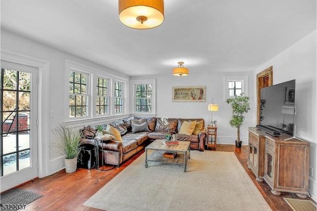 living room featuring a wealth of natural light and hardwood / wood-style floors