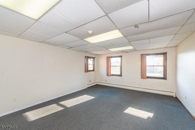 74 S Powder Mill Rd, Parsippany-Troy Hills Twp, NJ 07950 - unfurnished room featuring a baseboard heating unit, a drop ceiling, dark carpet, and a smoke detector