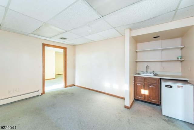 74 S Powder Mill Rd, Parsippany-Troy Hills Twp, NJ 07950 - indoor wet bar featuring light carpet, a paneled ceiling, a baseboard radiator, baseboards, and fridge
