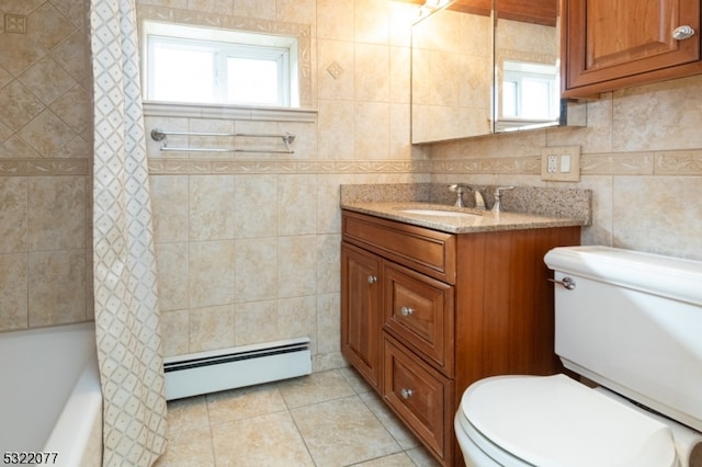 full bathroom with baseboard heating, tile patterned floors, a healthy amount of sunlight, and toilet