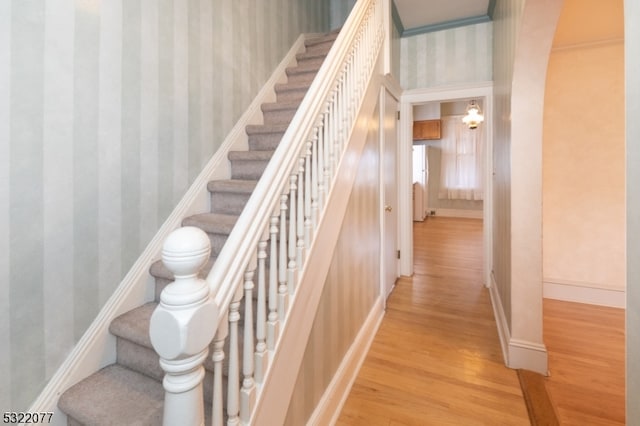 stairway with hardwood / wood-style floors and ornamental molding