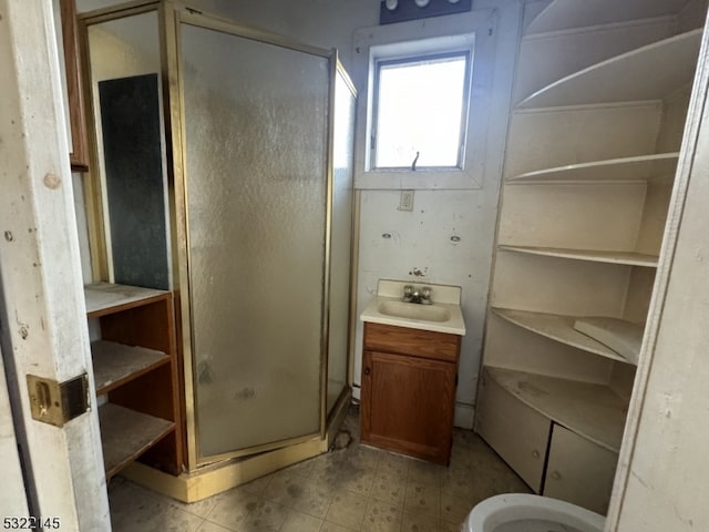 bathroom with vanity and a shower with shower door