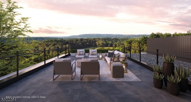 patio terrace at dusk featuring an outdoor living space and a forest view