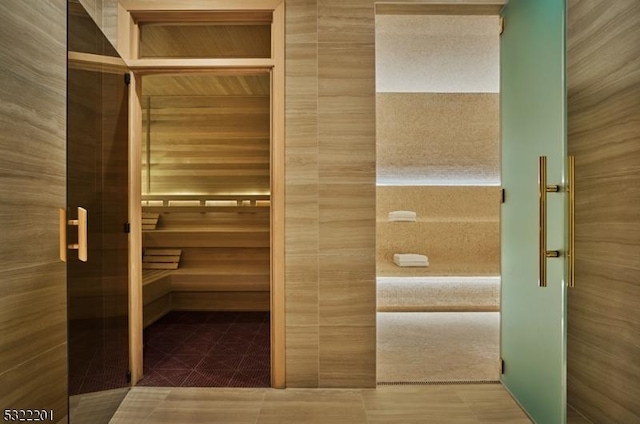 view of sauna featuring tile patterned floors