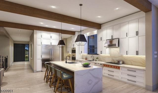 kitchen with stainless steel appliances, decorative backsplash, under cabinet range hood, beamed ceiling, and light wood-type flooring