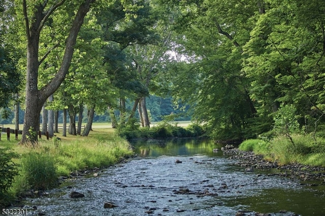 view of water feature featuring a forest view