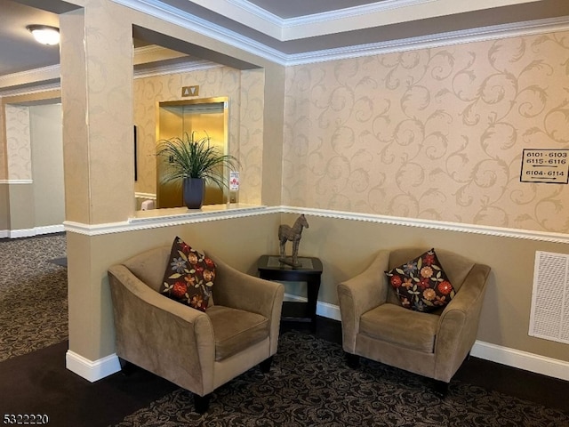 living area featuring dark colored carpet and crown molding