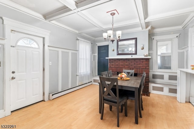 dining room with light wood-type flooring, coffered ceiling, a wealth of natural light, and baseboard heating