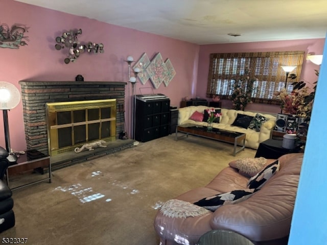 living room featuring carpet floors and a fireplace