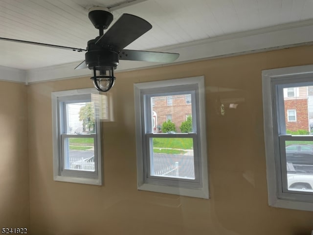 details featuring ceiling fan and ornamental molding